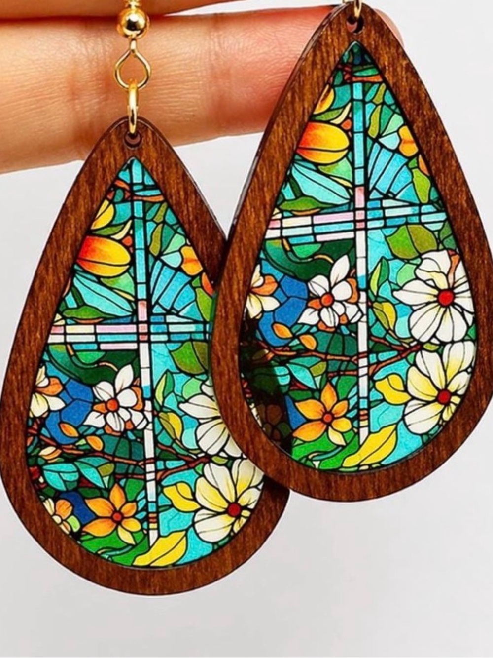 Teardrop Floral Stained-Glass Wood Earrings – Turquoise & Multicolor